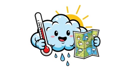 Fototapeta premium Cute Cloud Character with Thermometer and Weather Map.
