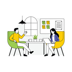 Line art of coworkers brainstorming in office illustration