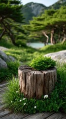 Fototapeta premium Weathered Tree Stump with Lush Greenery and Tiny White Flowers on a Forest Path with Blurred Trees and Hills in the Background