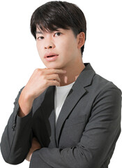 顎に手を当てる考えるポーズの若いビジネスマン男性カメラ目線　リクルートで悩む学生のイメージ