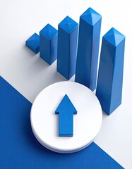 Blue bar graph rises with upward arrow on white surface