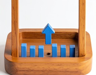 Blue up arrow amidst blue blocks in wood holder