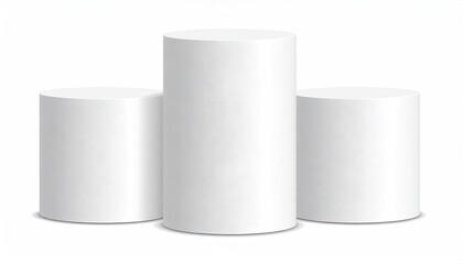 Three white cylinder stands of varying heights on white