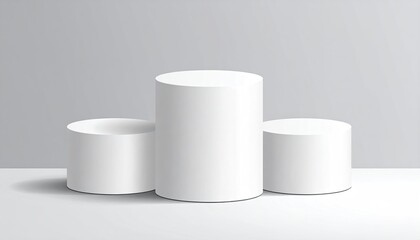 Three white cylindrical platforms on a light surface