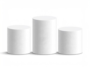Three white cylindrical pedestals sit in a row