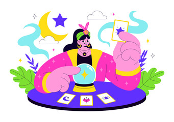 Fortune Teller Vector Illustration with Crystal Ball, Magic Book, and Tarot Cards for Predicting Destiny and Telling the Future in a Flat Background