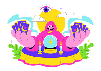 Fortune Teller Vector Illustration with Crystal Ball, Magic Book, and Tarot Cards for Predicting Destiny and Telling the Future in a Flat Background