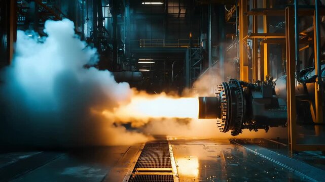 Rocket engine ignites in a test facility, showcasing powerful thrust and intense flames amidst industrial surroundings