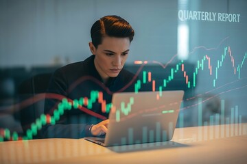 Professional businesswoman analyzing quarterly report data with laptop in modern office setting
