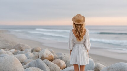 Woman in Sparkling Sequin Dress and Hat Standing on Rocky Beach Gazing at Ocean Waves During Soft Sunset Light