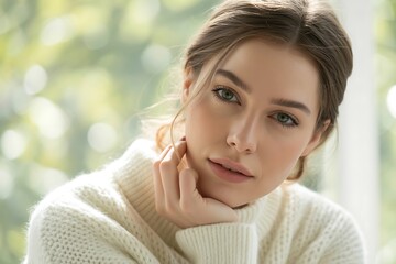 Serene young woman with captivating eyes and soft smile, resting chin on hand, wearing cozy sweater outdoors