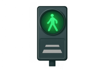 Pedestrian traffic signal showing green walk light icon, symbolizing permission, safety, urban crossing, controlling movement