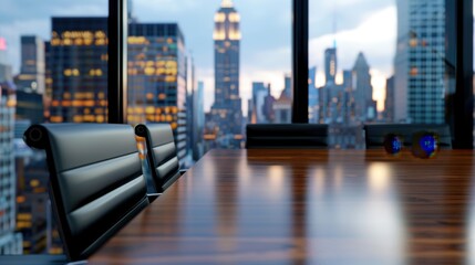 Elegant Boardroom with City Skyline View at Dusk, Modern Architecture, and Stylish Office Furniture