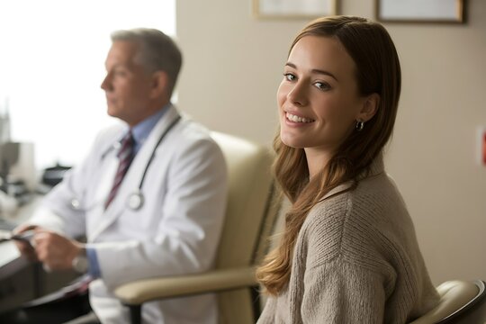 Patient and Doctor's Dialogue: A patient smiles warmly at the camera during a consultation with their doctor, fostering trust and showing good health.