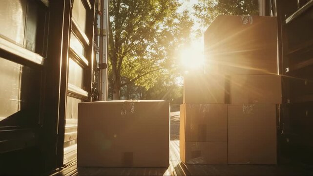 Bright sunset shines through delivery truck with stacked boxes ready for shipment