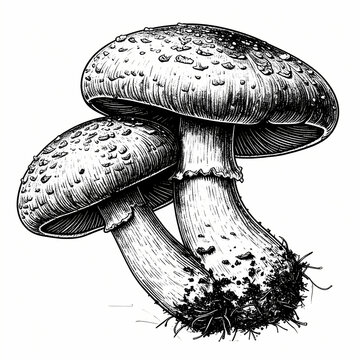 Shiitake Mushrooms Rendered In Intricate Black Ink Engraving Style Showcasing Depth And Texture