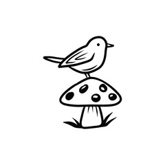 Bird Perched on Spotted Mushroom Line Art