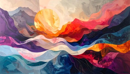 Abstract colorful sunset over mountain range illustration