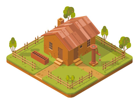 Rural farmhouse homestead, wooden house with red roof, fenced yard, garden path, fruit trees, countryside living, isometric vector
