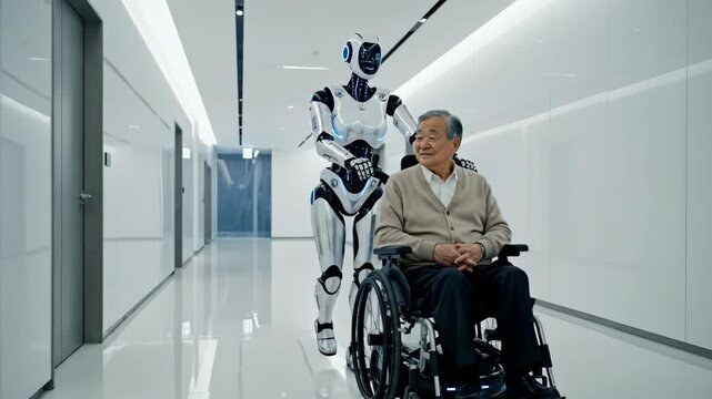 Futuristic Robot Assisting Elderly Man in Wheelchair. Advanced technology, artificial intelligence, and robotics in providing support