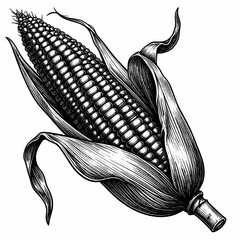 Vintage-style hand-drawn black ink engraving of corn cob, detailed scratchboard effect shown.