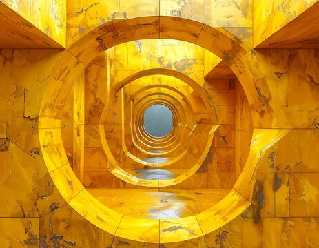Abstract yellow tunnel structure with circular and rectangular openings - Powered by Adobe