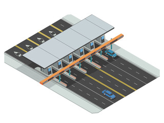 Highway toll plaza station, multiple lanes with booths, barrier gates and canopy, road payment checkpoint, transportation infrastructure vector © RA Studio