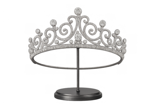 Silver diamond tiara on display, symbolizing royalty, success, beauty pageant, and celebration with transparent background