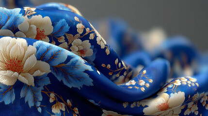 Premium Blue Fabric with Embossed Floral Details