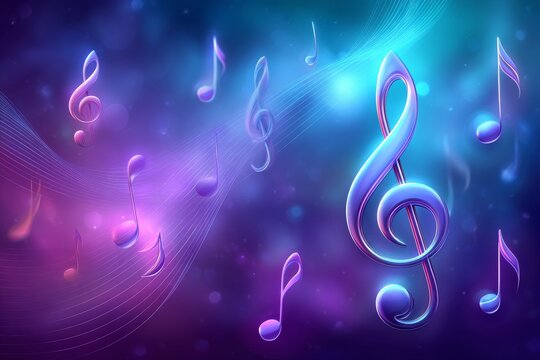 Colorful abstract background with glowing music notes and treble clef, vibrant purple and blue light waves, musical energy concept art
