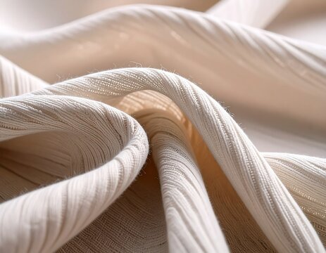 Draped folds of a textured, light beige textile