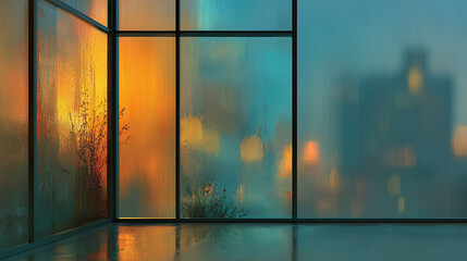 Rainy Glass Window with City Lights Reflection