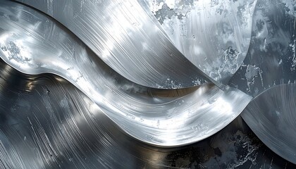 Abstract flowing metallic curves with textured, reflective surfaces