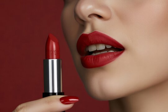 Woman applying vibrant red lipstick, closeup of lips and cosmetic product