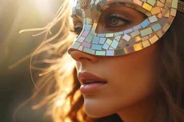 Woman wearing an ornate, jeweled mosaic masquerade mask in golden hour light