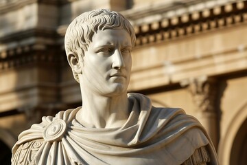 Marble bust sculpture of a roman emperor in front of classical architecture