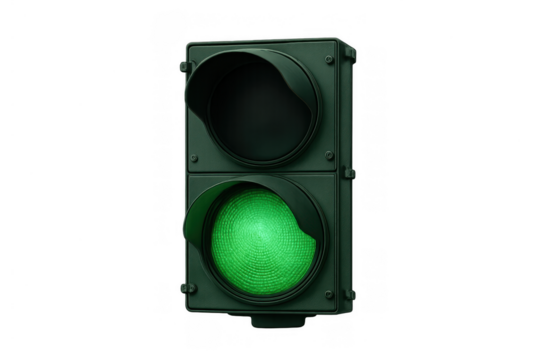 Traffic light with green signal glowing, showing safety go ahead and permission to drive on transparent background