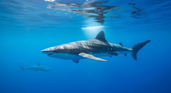 Magnificent shark swimming serenely in the deep blue ocean waters - Powered by Adobe