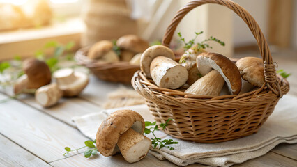 Fototapeta premium Freshly picked wild Porcini mushrooms (King Boletes/Ceps) in rustic wicker baskets on a wooden table, emphasizing healthy, organic harvest