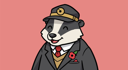 Badger in a uniform smiling with a poppy on his suit.
