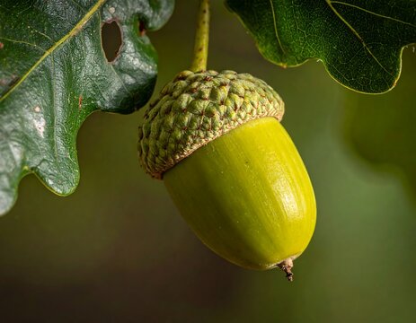 Close-up of a single green acorn attached to a branch with leaves