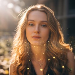 Beautiful young woman with long blonde hair bathed in golden sunlight and sparkles