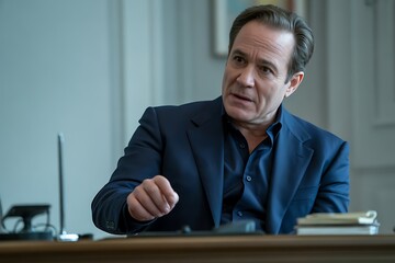 Businessman in a dark suit talking while gesturing with his hand at a desk in an office setting