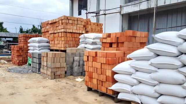 Construction site with stacks of red clay bricks and white sandbags on wooden pallets outdoors