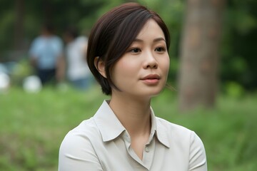 A young woman with short dark hair wearing a collared shirt outdoors