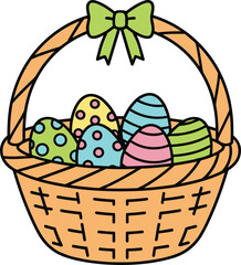 Orange woven basket with green bow filled with colorful patterned easter eggs