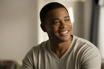 A happy young man in a grey vneck shirt smiling indoors with a blurred background