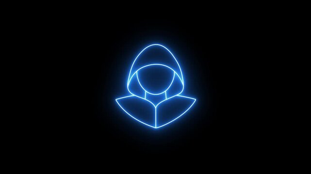 Glowing electric blue neon outline animation of an anonymous hooded figure. Digital privacy, online security concept. 4K seamless loop motion graphic.