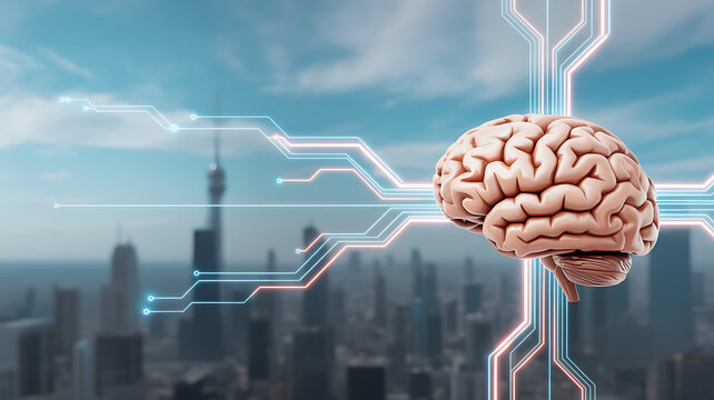 Brain connected to glowing data lines over a modern city skyline concept of artificial intelligence network analytics cloud computing connectivity and smart urban technology
