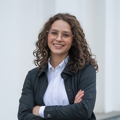 Professional young woman with curly hair and glasses smiling confidently outdoors